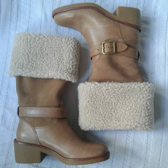 Coach Parka Boots Leather Suede Tan Sherpa Lined - Picture 1 of 5